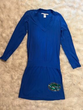Women’s Long-Sleeve V-Neck Blue Dress with Embellished Detail
